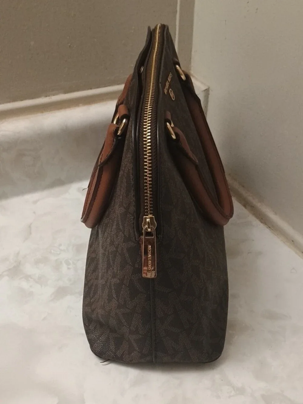 Michael Kors Brown Monogram Dome Satchel with Tan Trim